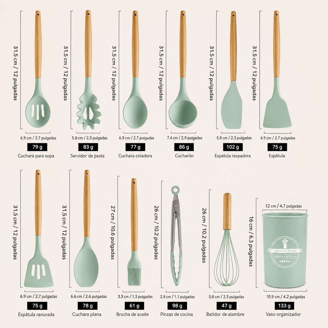 Set De Utensilios De Cocina 12 Piezas En Silicona y Madera