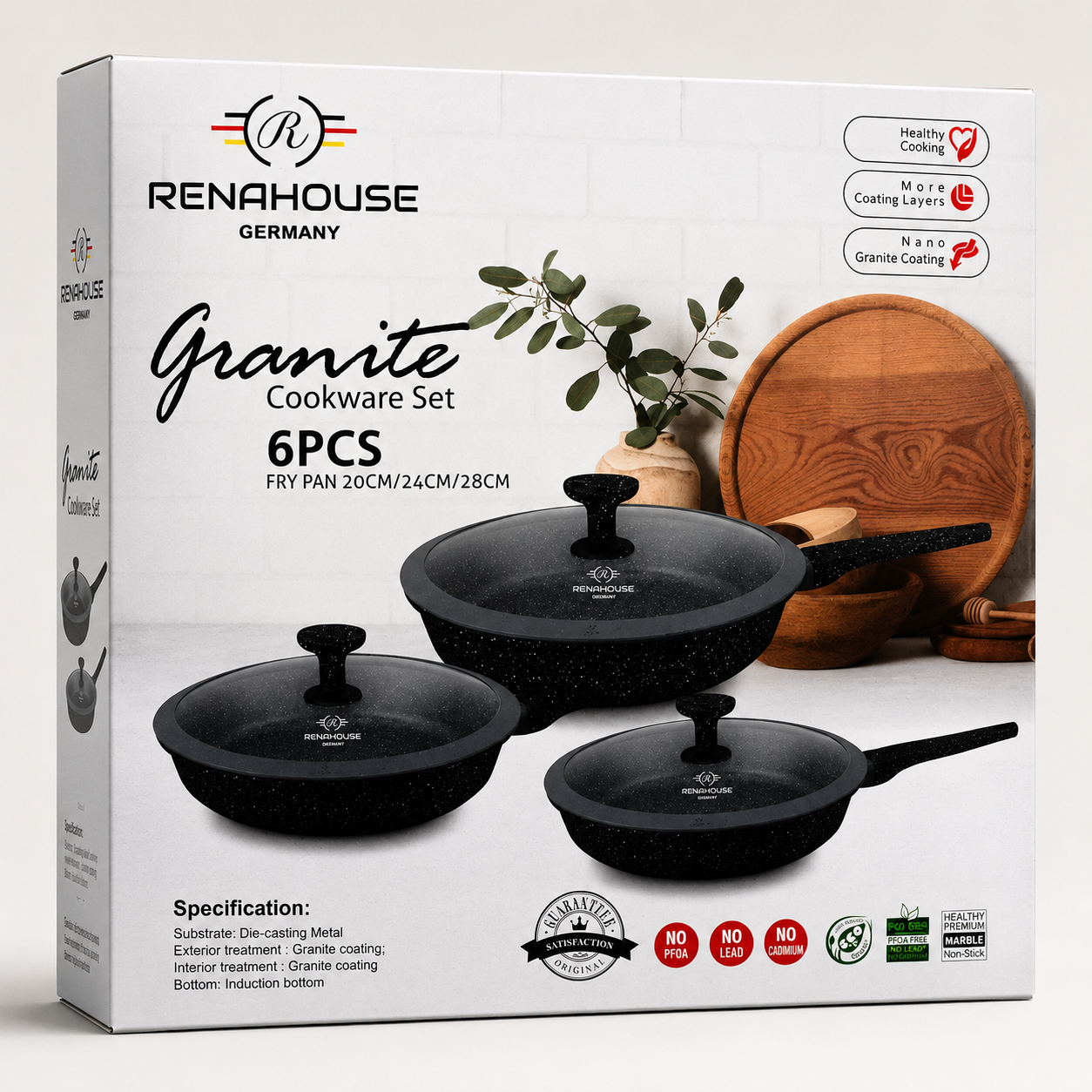 Set 3 Sartenes Renahouse Marmol Antiadherente Tapa Vidrio y Silicona