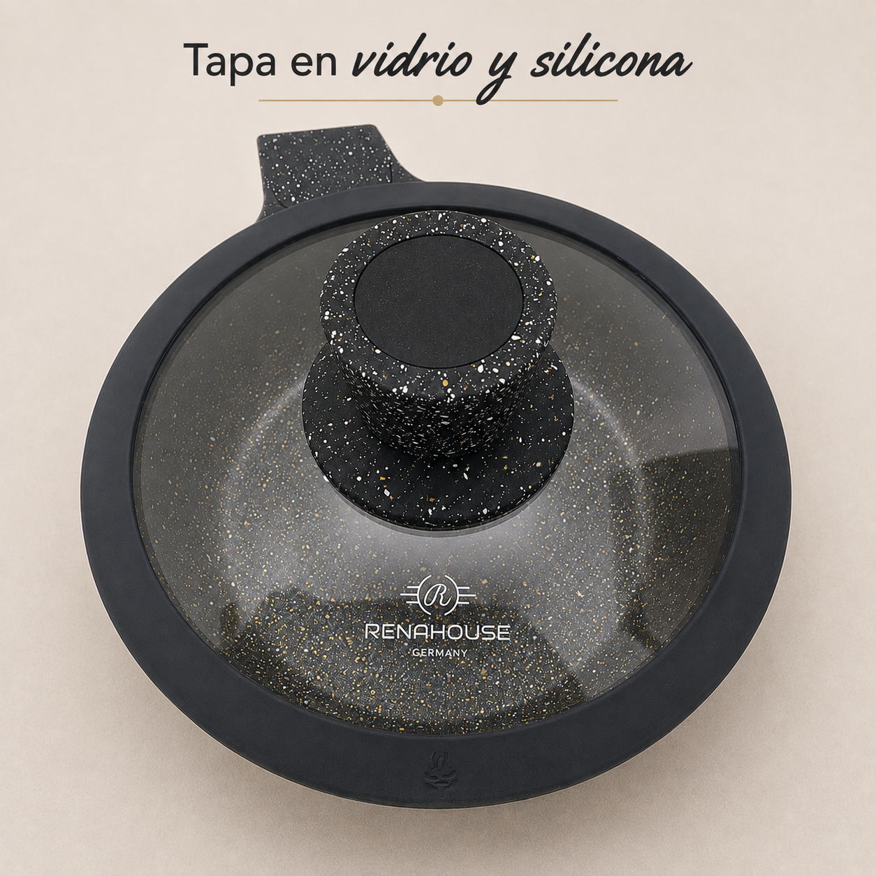 Set 3 Sartenes Renahouse Marmol Antiadherente Tapa Vidrio y Silicona