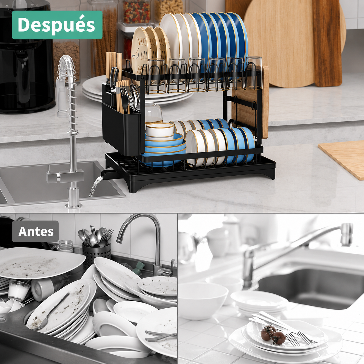 Escurridor De Platos 2 Niveles Multifuncional Organizador Color Negro