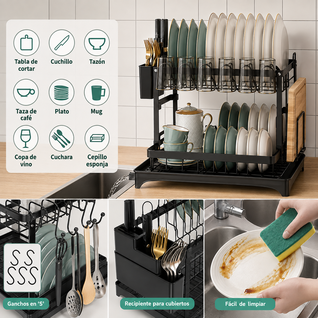 Escurridor De Platos 2 Niveles Multifuncional Organizador Color Negro