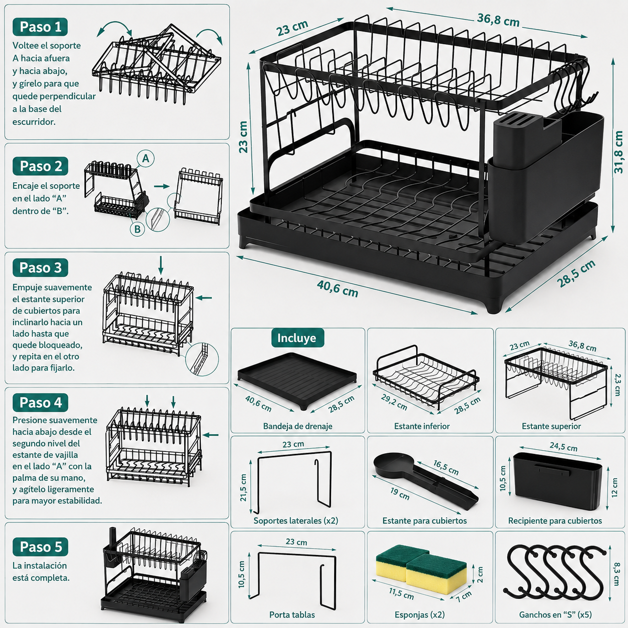 Escurridor De Platos 2 Niveles Multifuncional Organizador Color Negro