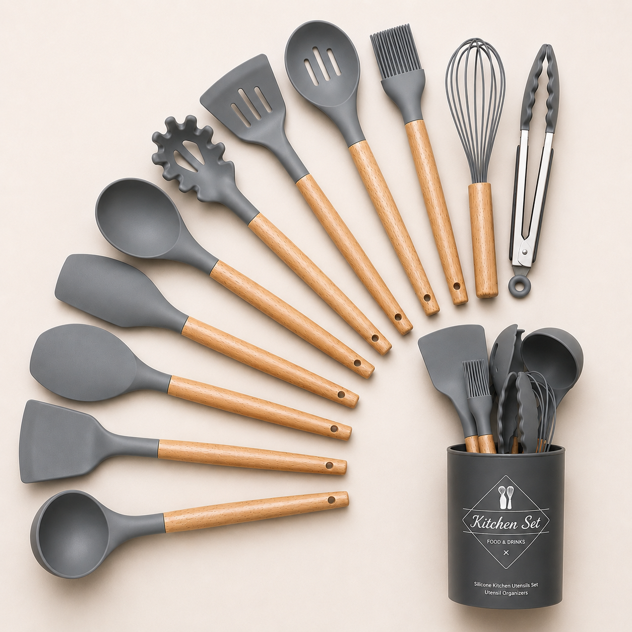 Set De Utensilios De Cocina 12 Piezas En Silicona y Madera