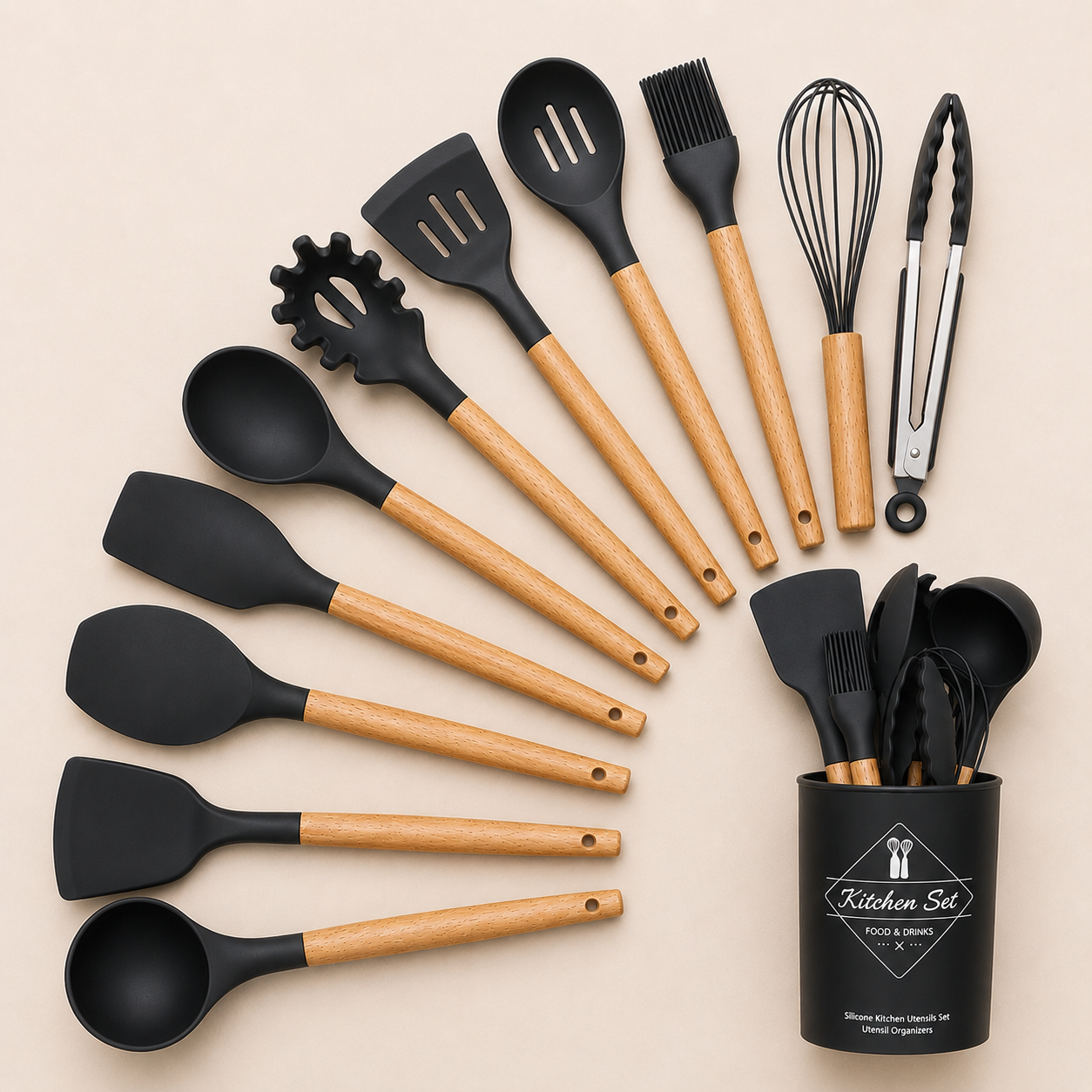 Set De Utensilios De Cocina 12 Piezas En Silicona y Madera