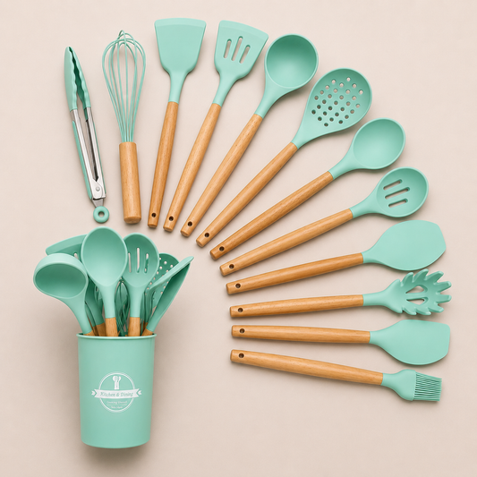 Set De Utensilios De Cocina 12 Piezas En Silicona y Madera