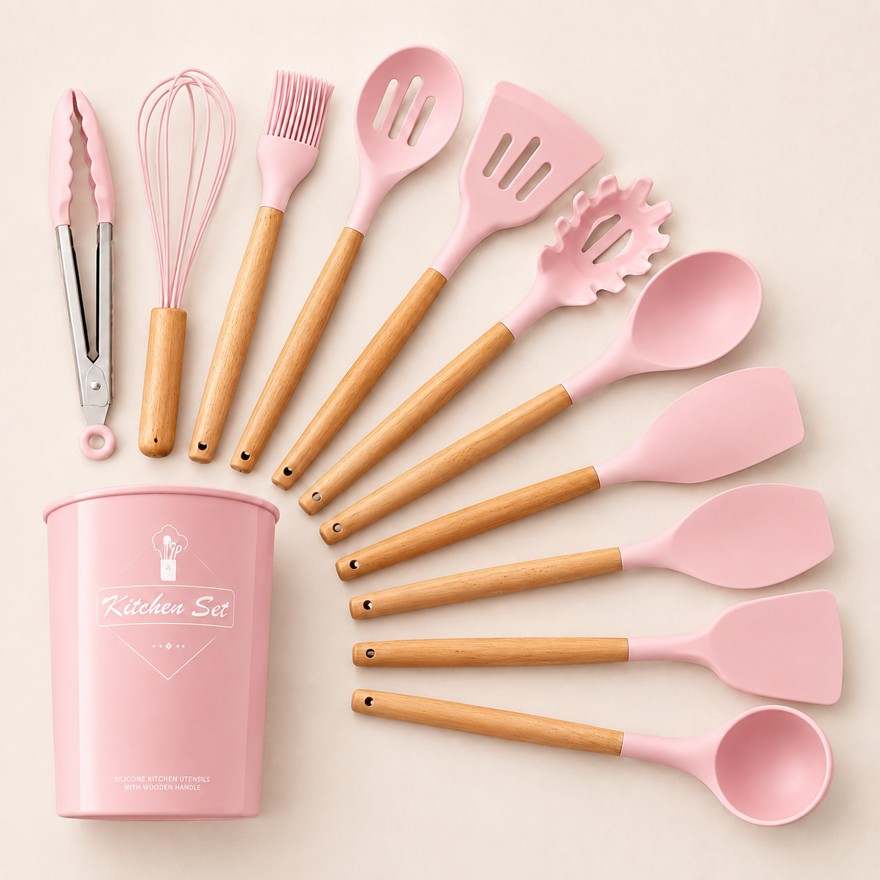 Set De Utensilios De Cocina 12 Piezas En Silicona y Madera