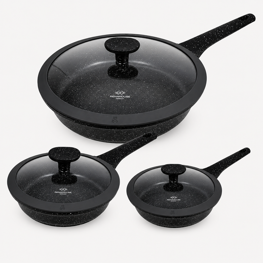 Set 3 Sartenes Renahouse Marmol Antiadherente Tapa Vidrio y Silicona