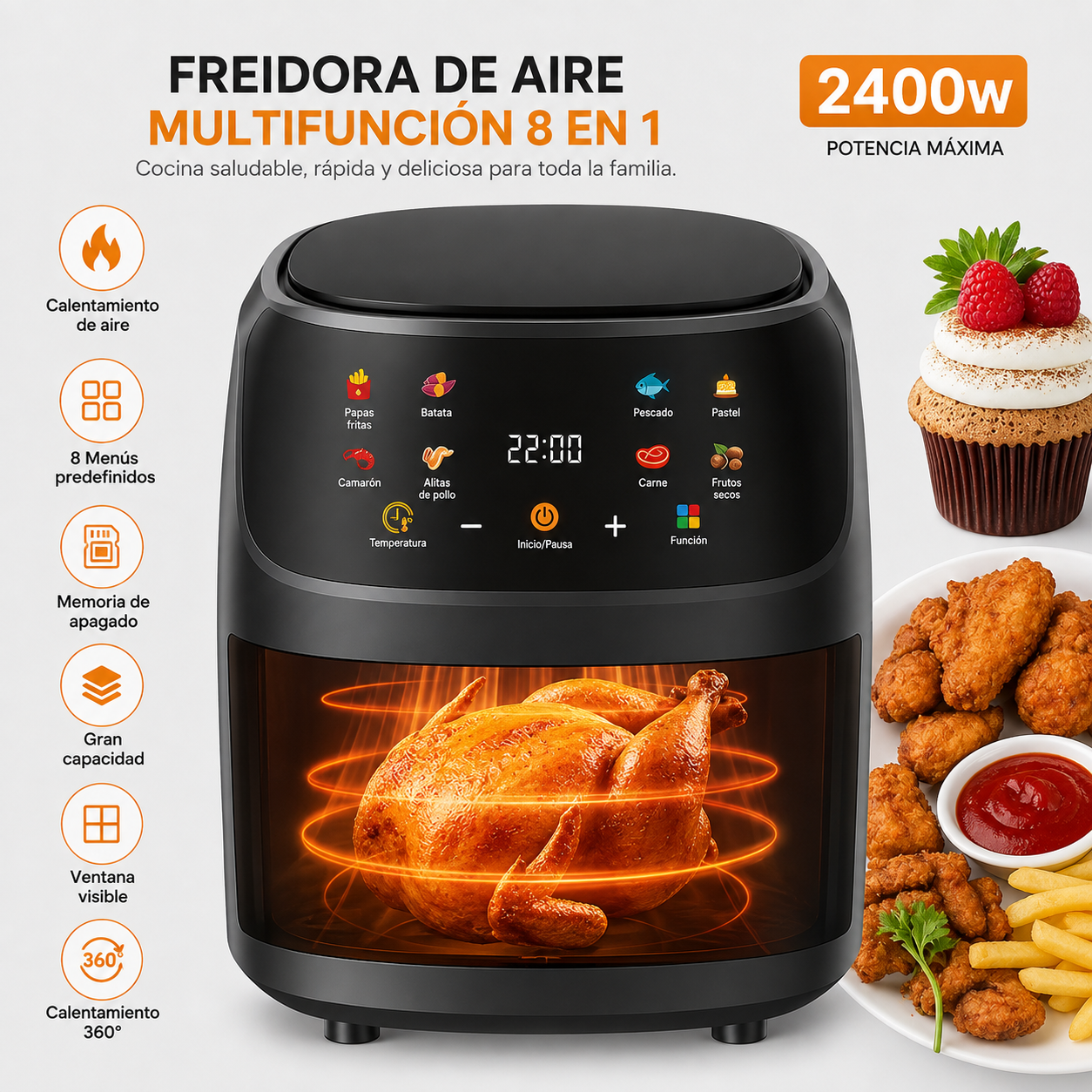 Freidora De Aire Electrica Digital Sin Aceite 12l - Color Negro