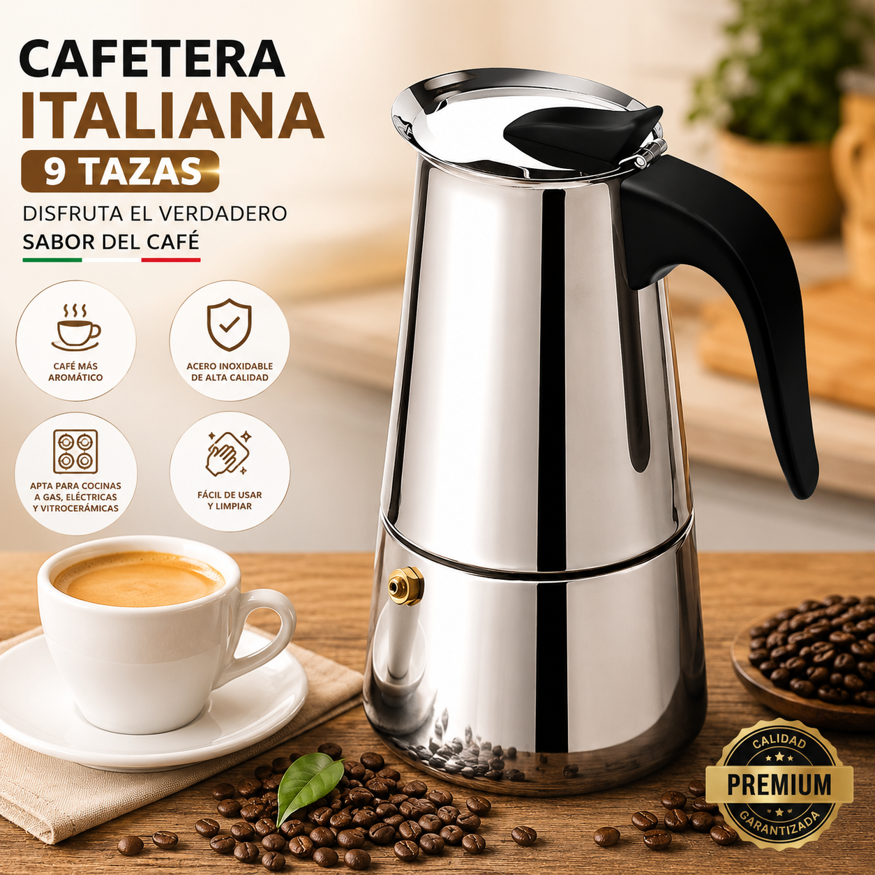 Cafetera Italiana Manual Acero Inoxidable - 450ml 9 Tazas