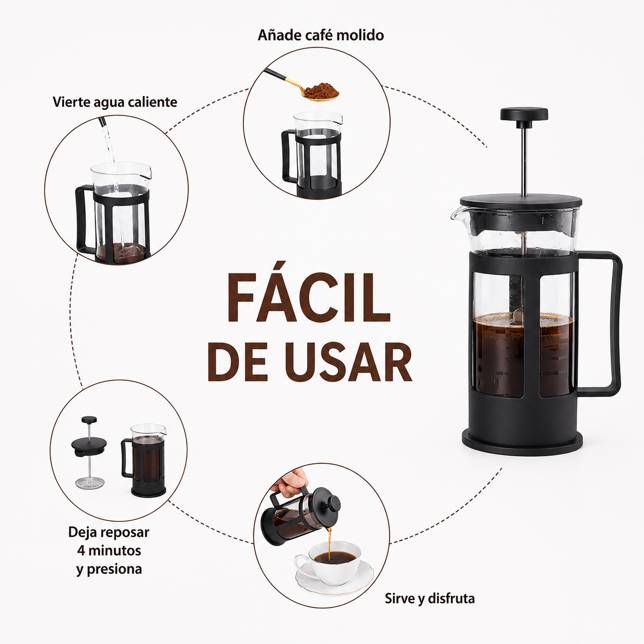 Cafetera Prensa Francesa Vidrio Borosilicato 800ml - Acero Inoxidable