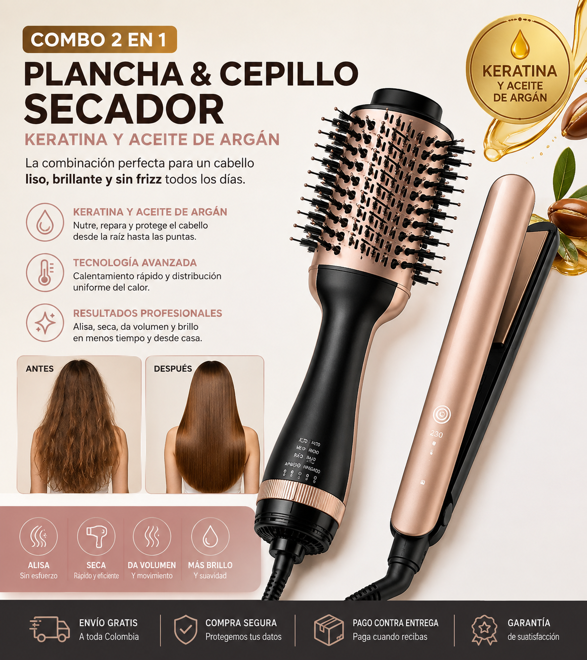 Combo Plancha + Cepillo Secador De Cabello Keratina