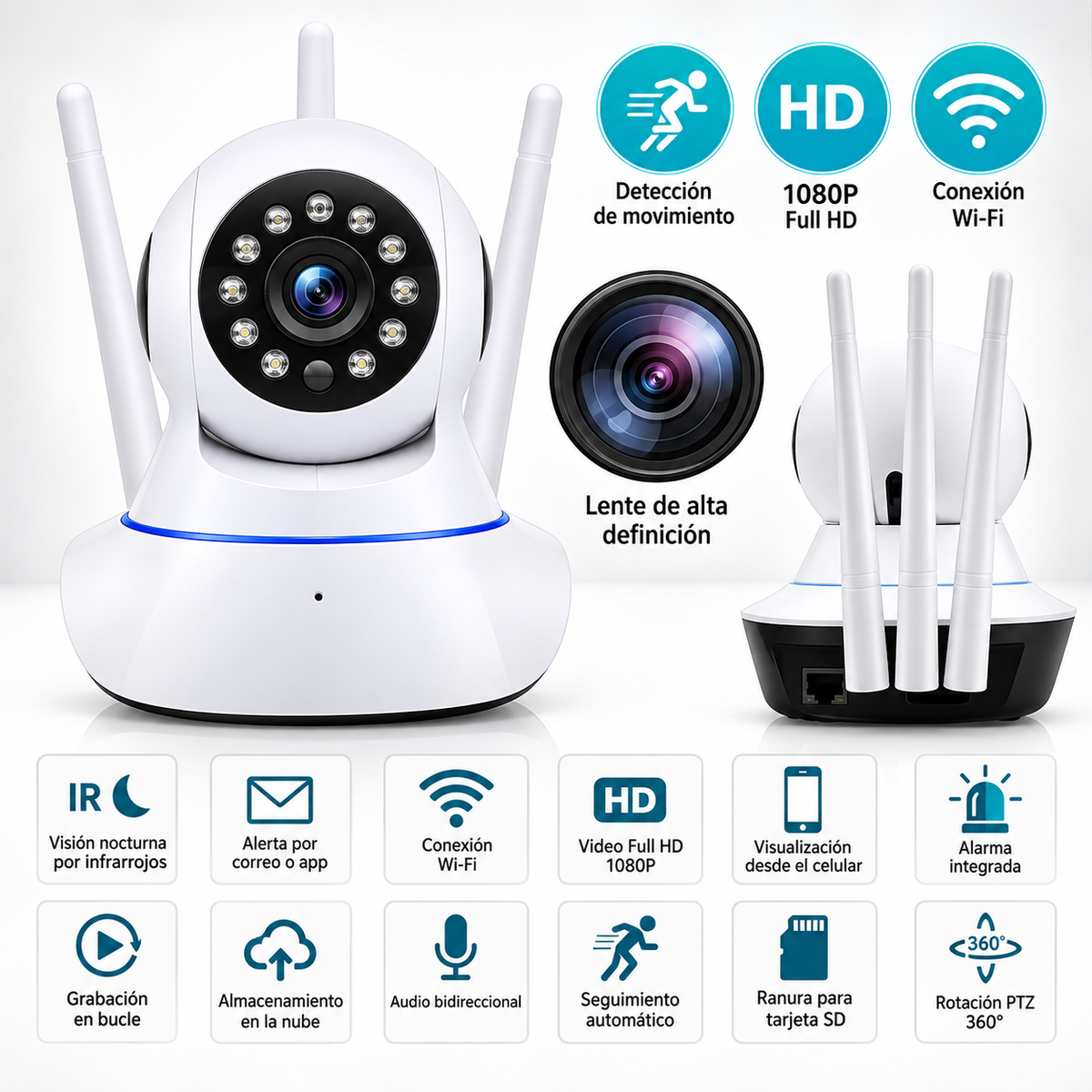 Camara de Seguridad  IP Wifi Full HD 1080p Visión Nocturna - 3 Antenas V-09