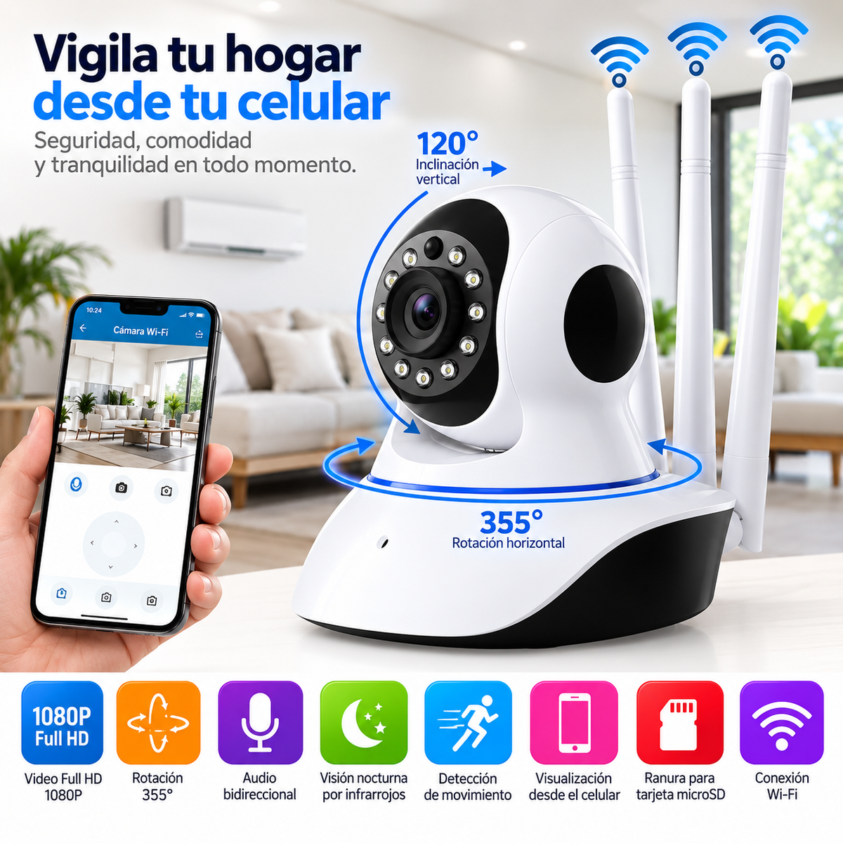 Camara de Seguridad  IP Wifi Full HD 1080p Visión Nocturna - 3 Antenas V-09
