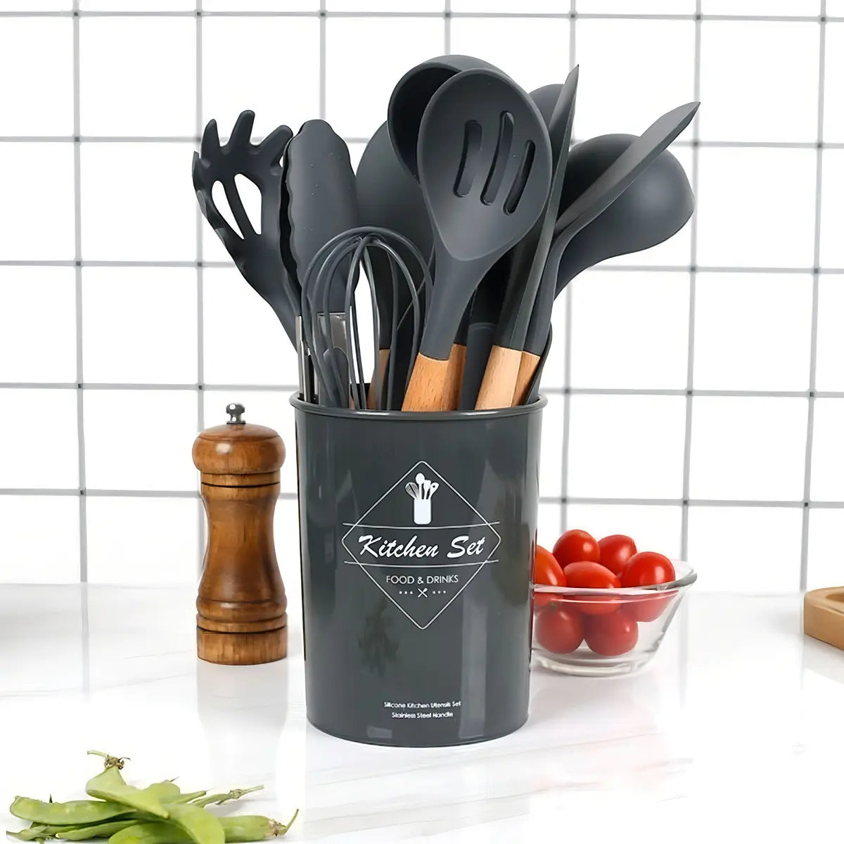 Set De Utensilios De Cocina 12 Piezas En Silicona y Madera