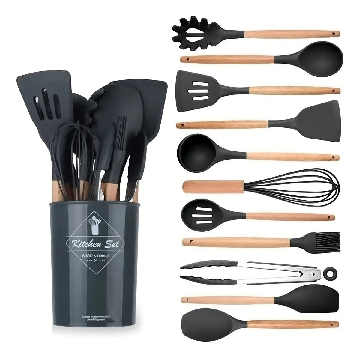 Set De Utensilios De Cocina 12 Piezas En Silicona y Madera