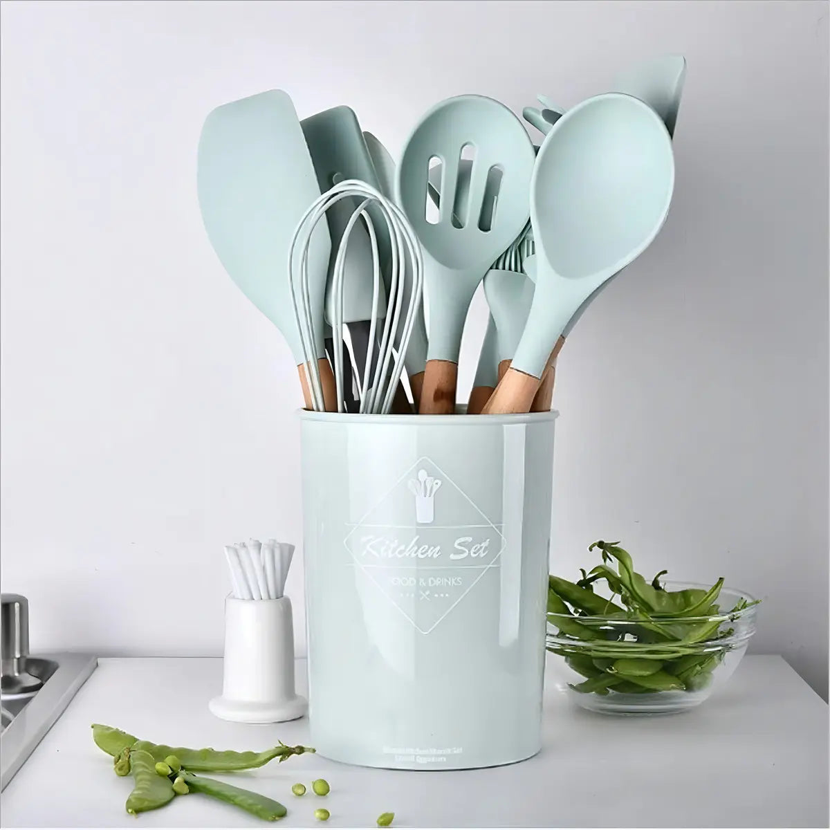 Set De Utensilios De Cocina 12 Piezas En Silicona y Madera
